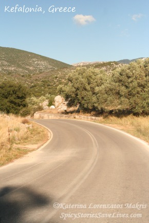 Winding road through the scenic foothills below Kefalonia's Kastro of Agios Giorgos (Castle of St. George), on the way to Troianata