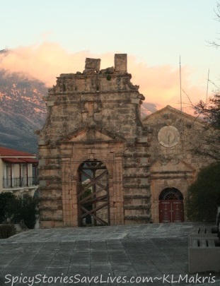 Church of the Evangelistria, circa 1580, with misty Mt. Aenos beyond