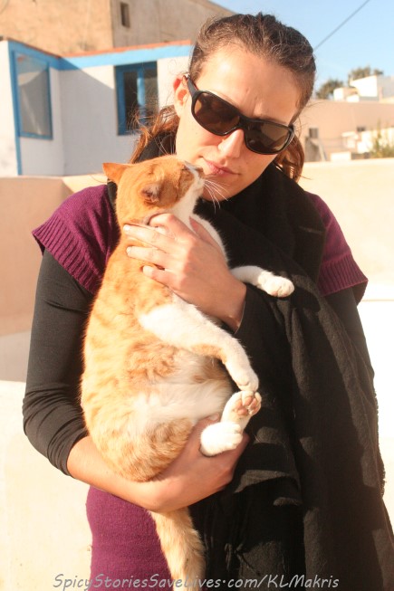 Santorini animal rescuer Danae Christodoulou with friend. The lives of Santorini's animals have improved tremendously thanks to the work of Dr. Margarita Valvi, Christina Kaloudi, Danae, and many other volunteers.