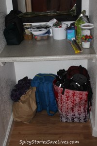 Robin has kept her motel room tidily organized, and already has her belongings packed and ready to transfer to the new duffel bag we got tonight.