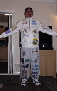 John in his jump suit, festooned with the logos of his sponsors Photo: John Ellett