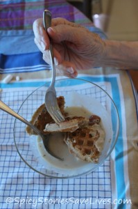 Served the parfait with a fork for the waffles and a spoon for the yogurt.