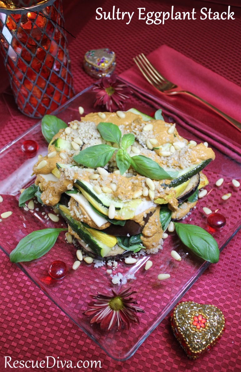 Sultry Stack of Eggplant, Squash, and Mushroom with Pesto-Coulis (romantic vegan recipe)